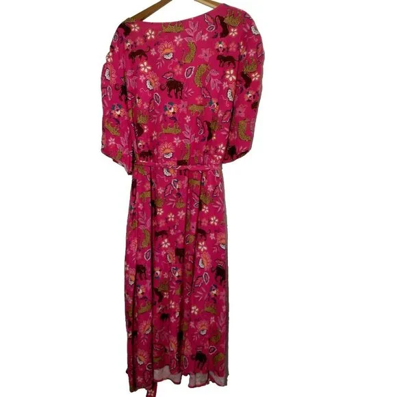 Torrid Size 5 Plus Size Pink Leopard Dress Midi Rouched Short Sleeve Belted Cat - Picture 2 of 16